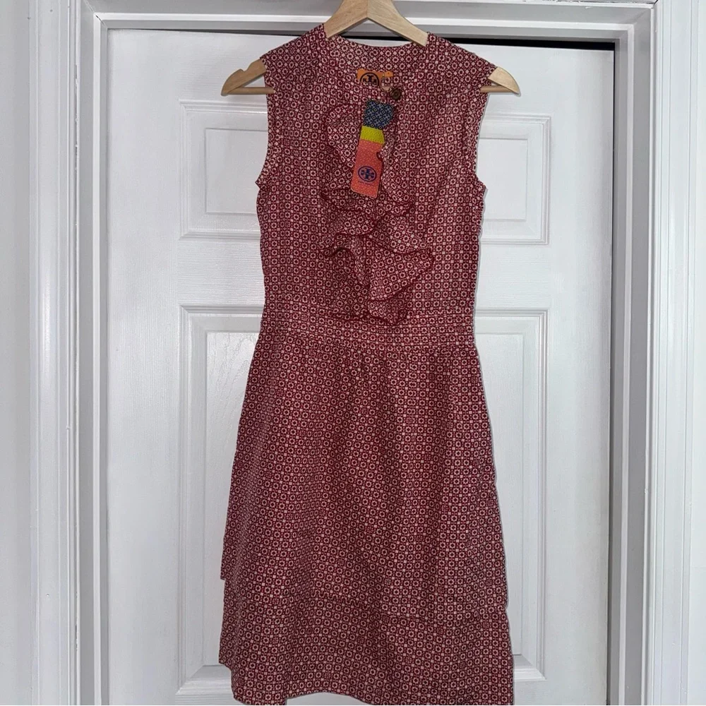 NWT Tory Burch Darilynn Ruffle Sleeveless Dress 0 Brick Red Silk Cotton